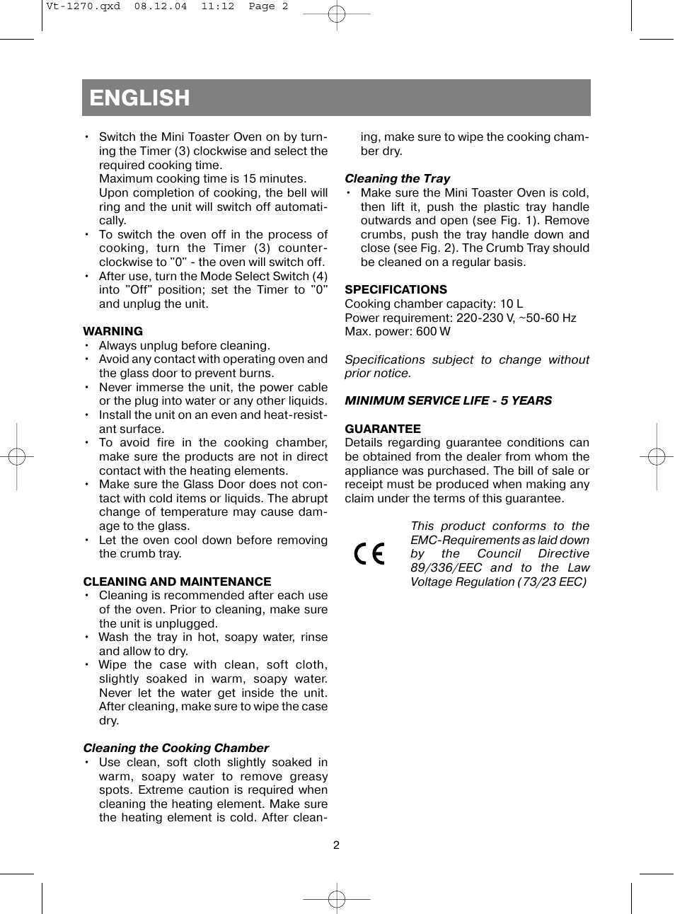 English | Vitek VT-1270 User Manual | Page 5 / 32