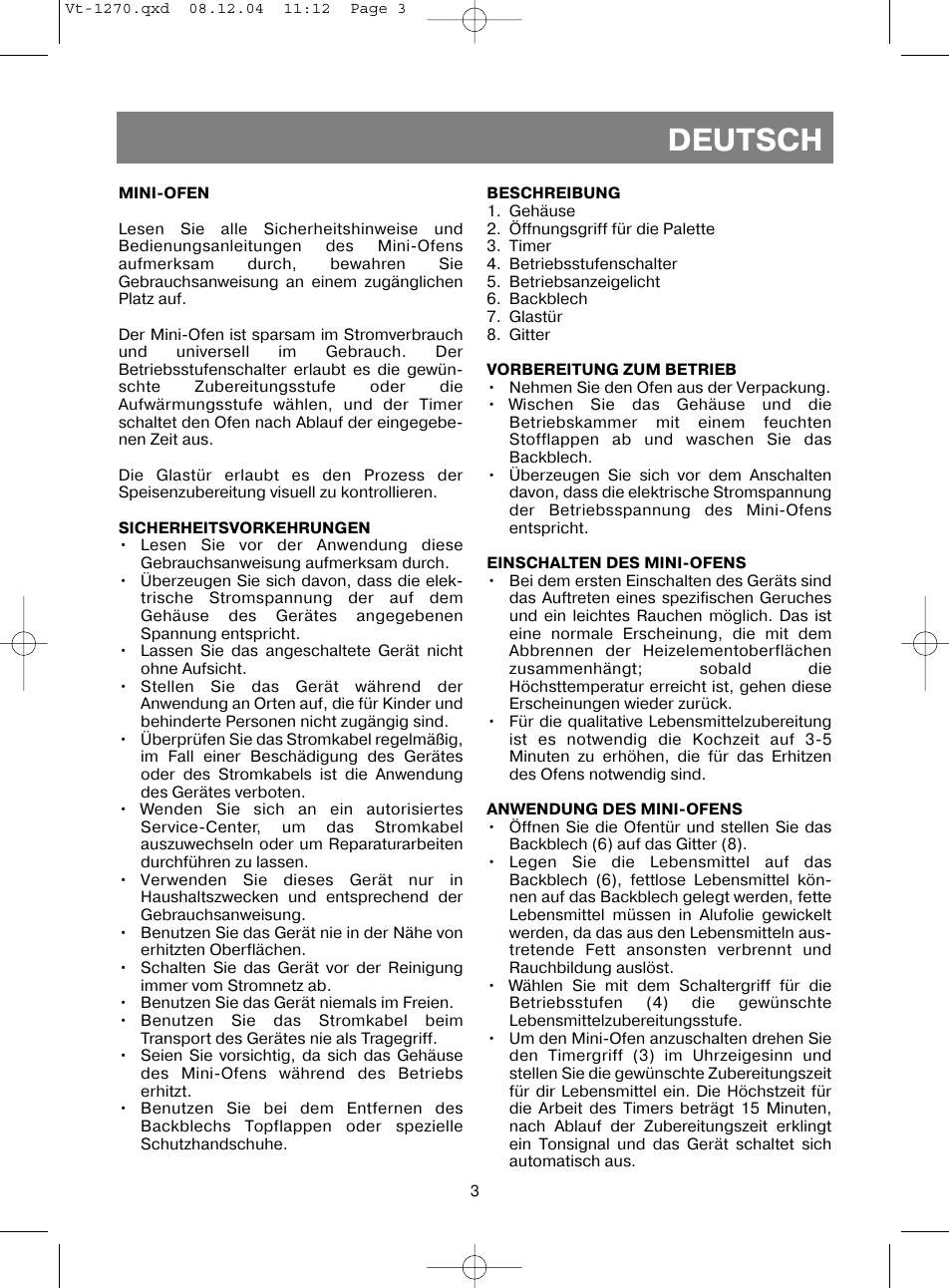 Deutsch | Vitek VT-1270 User Manual | Page 6 / 32