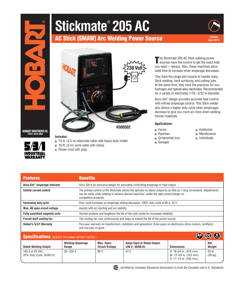 Hobart Welding Products Stickmate 205 AC User Manual | 2 pages
