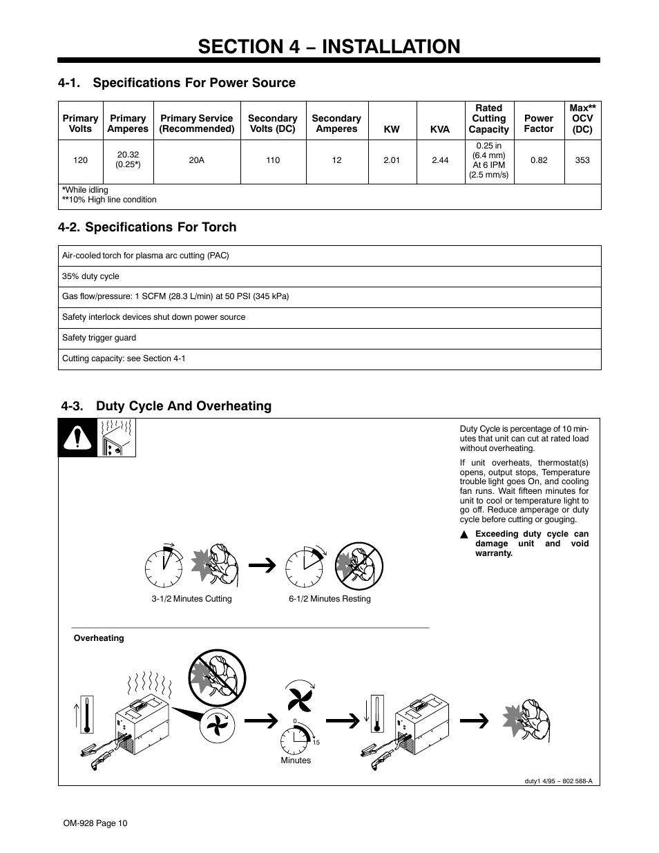 Section 4 − installation, 1. specifications for power source, 2. specifications for torch | 3. duty cycle and overheating | Hobart Welding Products AIRFORCE 250A User Manual | Page 14 / 32