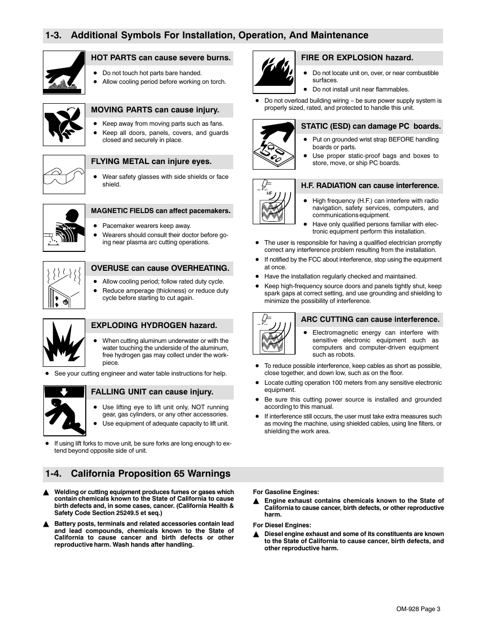 4. california proposition 65 warnings | Hobart Welding Products AIRFORCE 250A User Manual | Page 7 / 32
