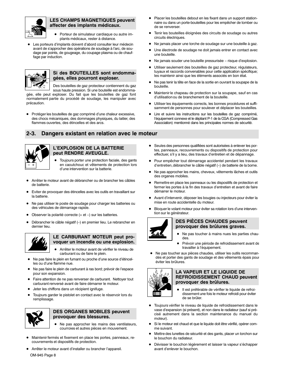 3. dangers existant en relation avec le moteur | Hobart Welding Products CHAMPION 10 User Manual | Page 12 / 68