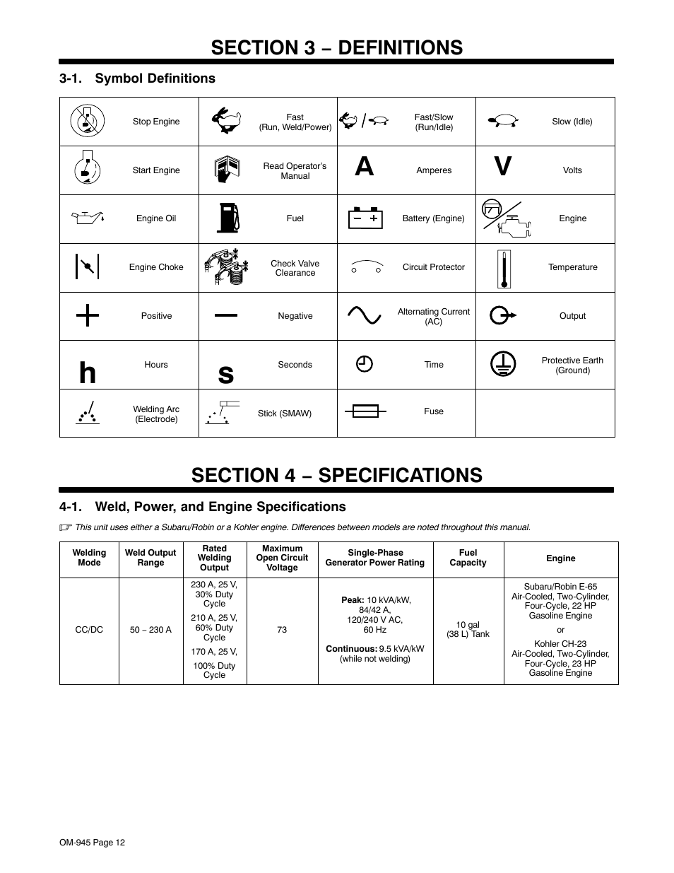 Section 3 − definitions, Section 4 − specifications, 1. weld, power, and engine specifications | 1. symbol definitions | Hobart Welding Products CHAMPION 10 User Manual | Page 16 / 68