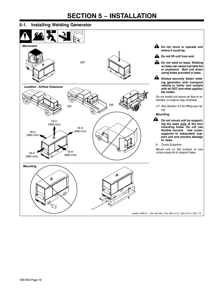 Section 5 − installation, 1. installing welding generator | Hobart Welding Products CHAMPION 10 User Manual | Page 20 / 68