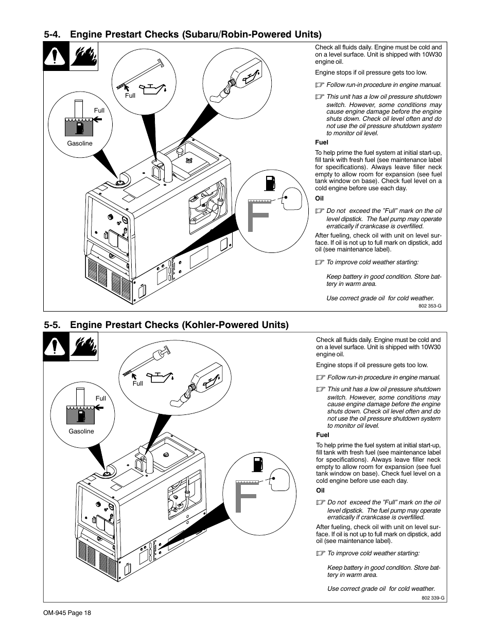 5. engine prestart checks (kohler-powered units) | Hobart Welding Products CHAMPION 10 User Manual | Page 22 / 68