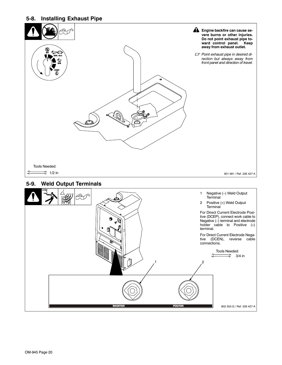 8. installing exhaust pipe, 9. weld output terminals | Hobart Welding Products CHAMPION 10 User Manual | Page 24 / 68