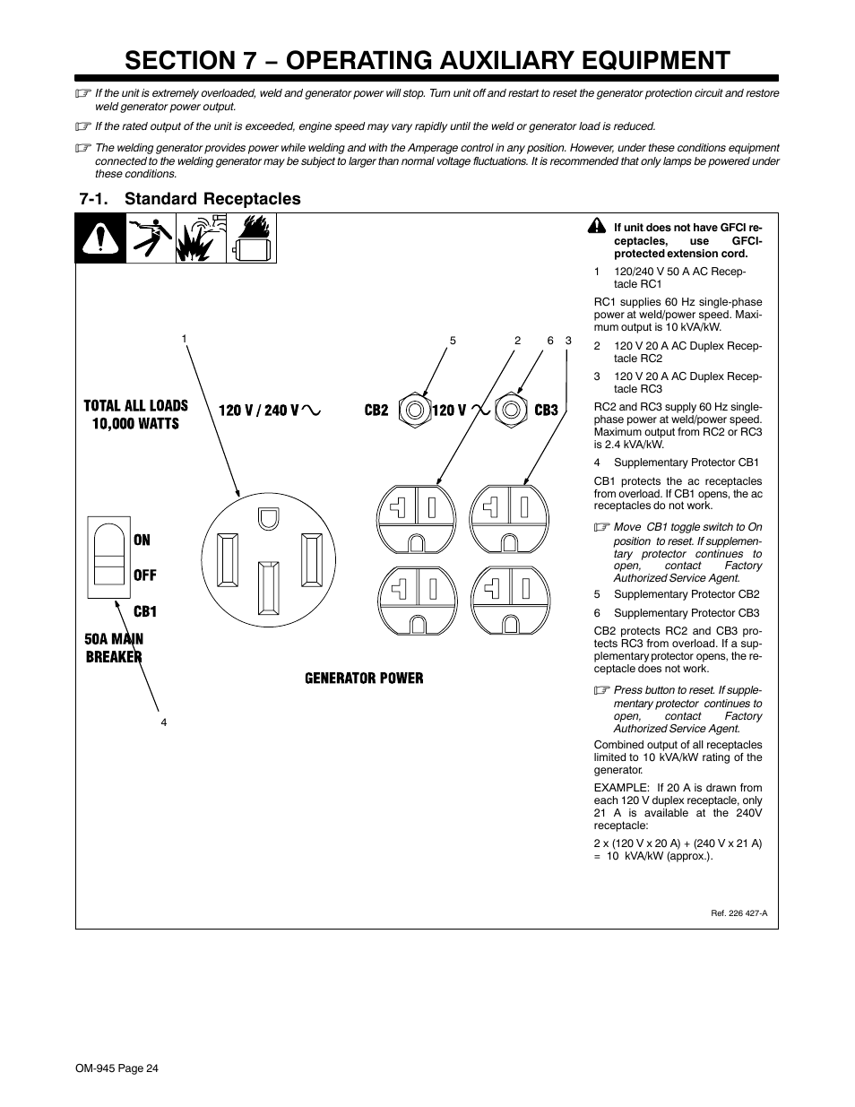 Section 7 − operating auxiliary equipment, 1. standard receptacles | Hobart Welding Products CHAMPION 10 User Manual | Page 28 / 68