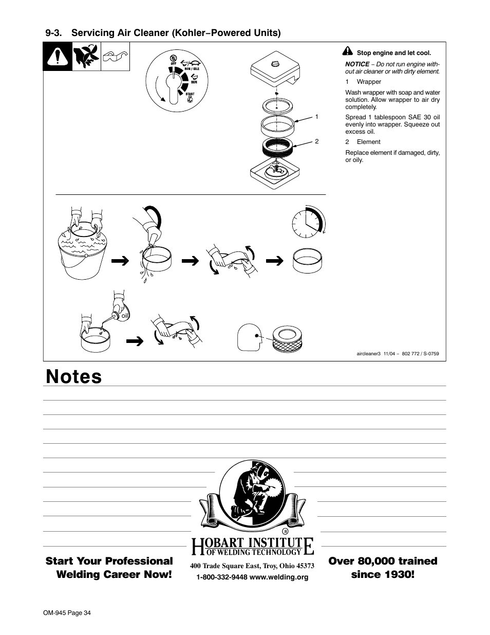 3. servicing air cleaner (kohler−powered units), Section 9-3, Start your professional welding career now | Hobart Welding Products CHAMPION 10 User Manual | Page 38 / 68