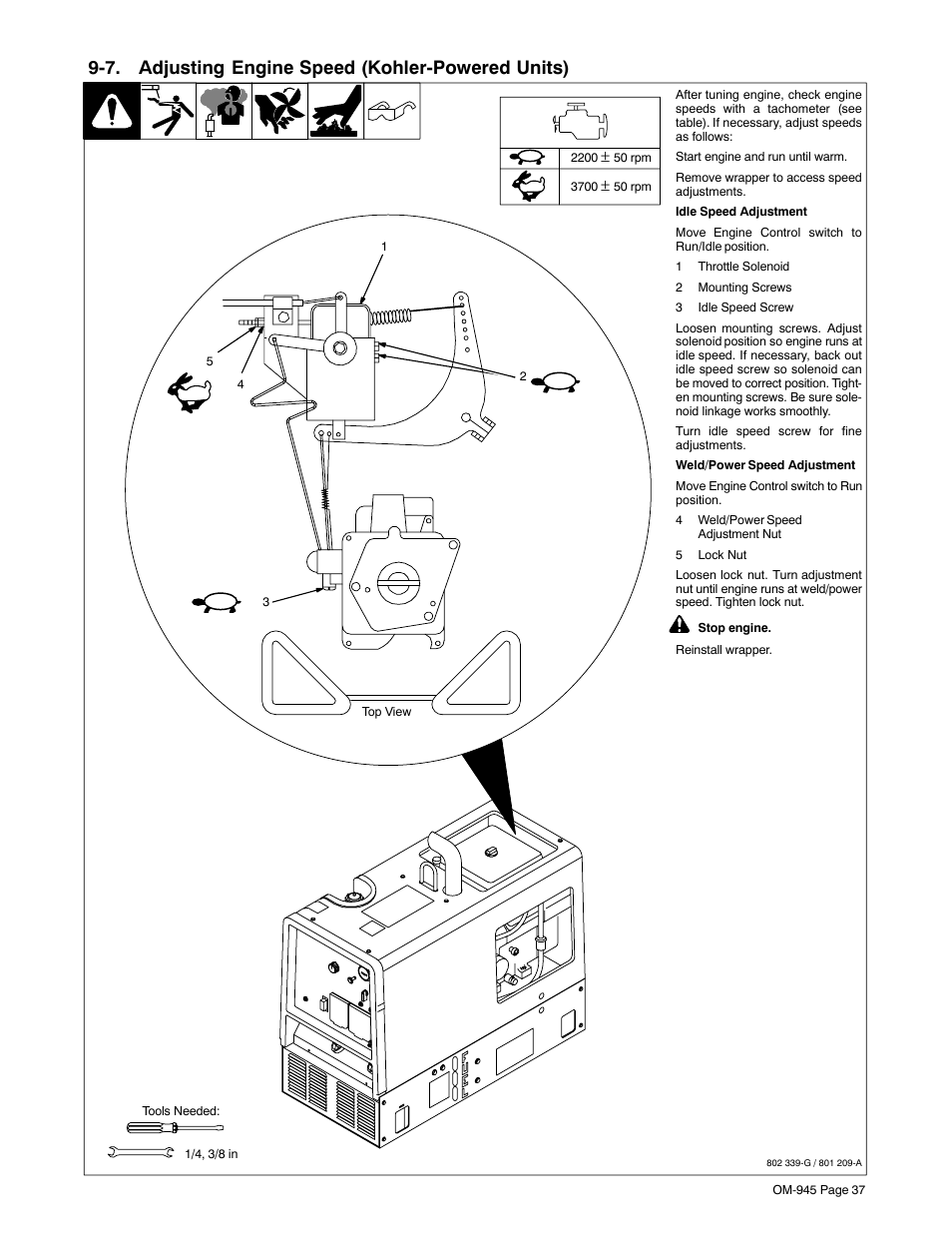 7. adjusting engine speed (kohler-powered units) | Hobart Welding Products CHAMPION 10 User Manual | Page 41 / 68