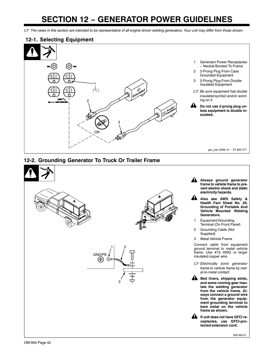 Section 12 − generator power guidelines, 1. selecting equipment, 2. grounding generator to truck or trailer frame | Hobart Welding Products CHAMPION 10 User Manual | Page 46 / 68