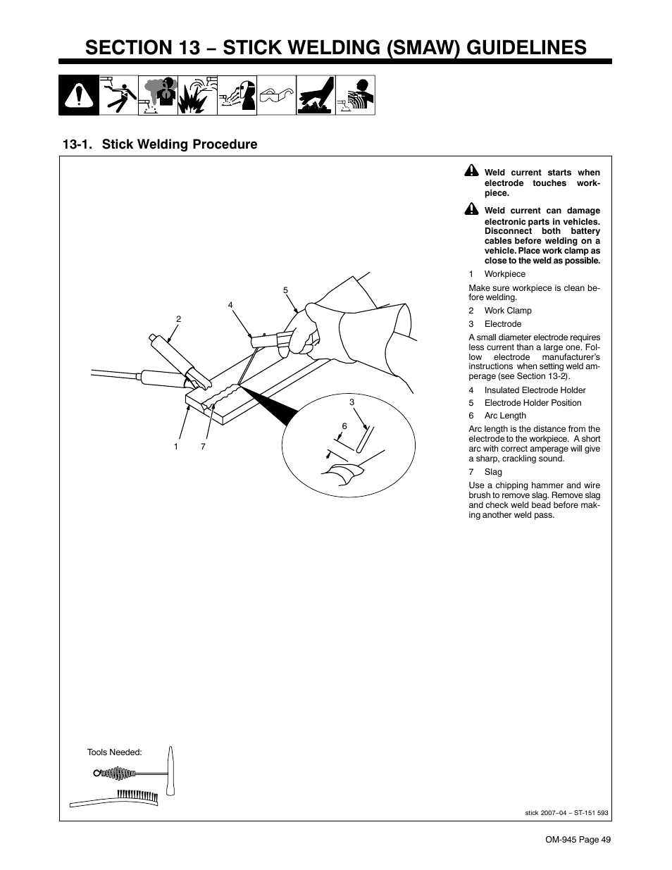 Section 13 − stick welding (smaw) guidelines, 1. stick welding procedure | Hobart Welding Products CHAMPION 10 User Manual | Page 53 / 68