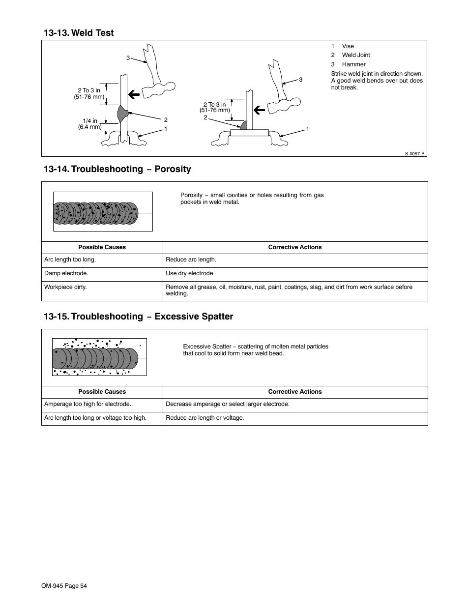 13. weld test, 14. troubleshooting − porosity, 15. troubleshooting − excessive spatter | Hobart Welding Products CHAMPION 10 User Manual | Page 58 / 68