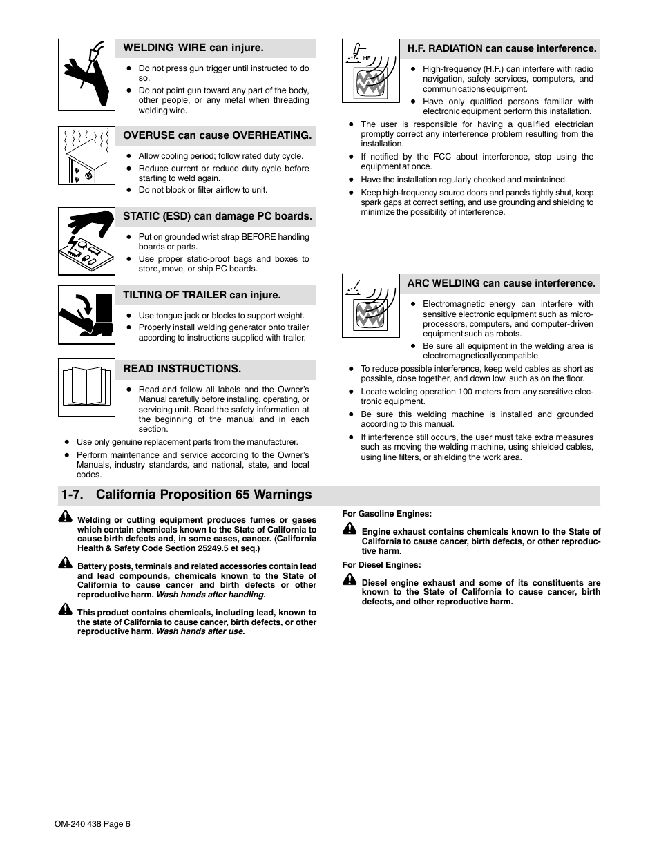 7. california proposition 65 warnings | Hobart Welding Products CHAMPION ELITE OM-240 438E User Manual | Page 10 / 64