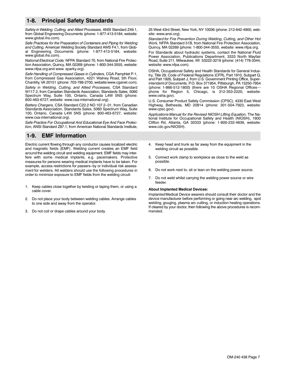 8. principal safety standards, 9. emf information | Hobart Welding Products CHAMPION ELITE OM-240 438E User Manual | Page 11 / 64