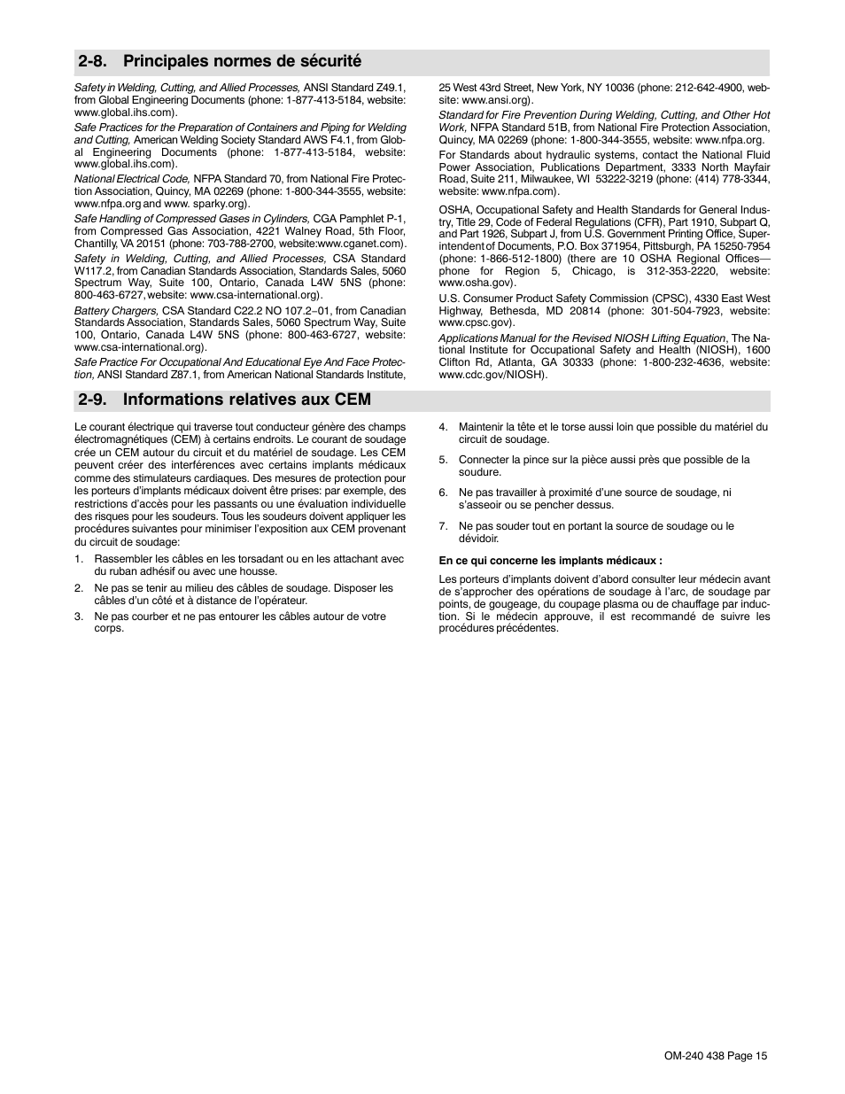 8. principales normes de sécurité, 9. informations relatives aux cem | Hobart Welding Products CHAMPION ELITE OM-240 438E User Manual | Page 19 / 64