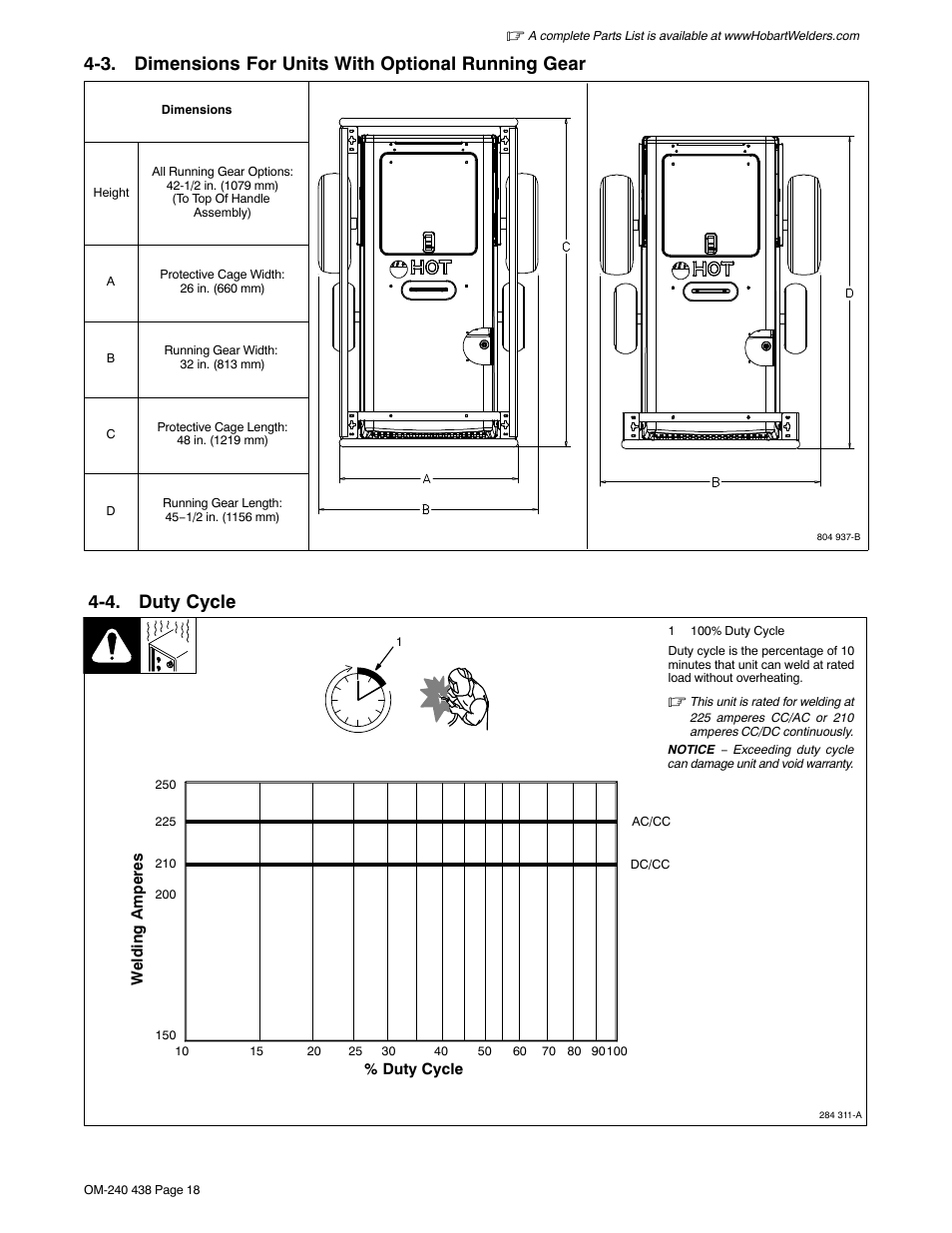 3. dimensions for units with optional running gear, 4. duty cycle | Hobart Welding Products CHAMPION ELITE OM-240 438E User Manual | Page 22 / 64