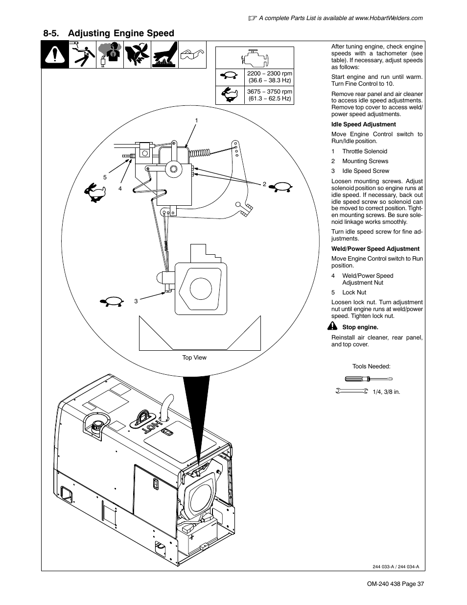 5. adjusting engine speed | Hobart Welding Products CHAMPION ELITE OM-240 438E User Manual | Page 41 / 64