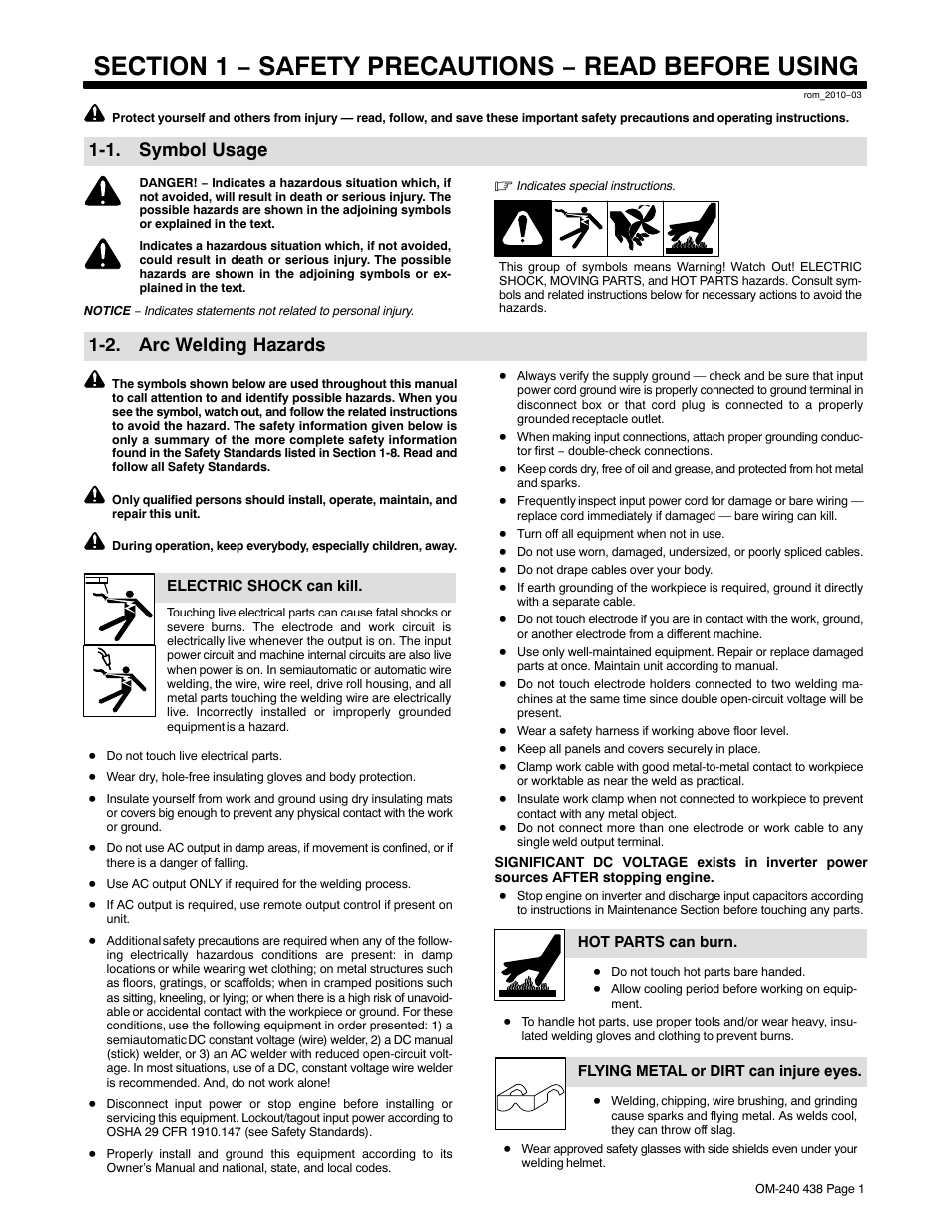 Section 1 − safety precautions − read before using, 1. symbol usage, 2. arc welding hazards | Hobart Welding Products CHAMPION ELITE OM-240 438E User Manual | Page 5 / 64