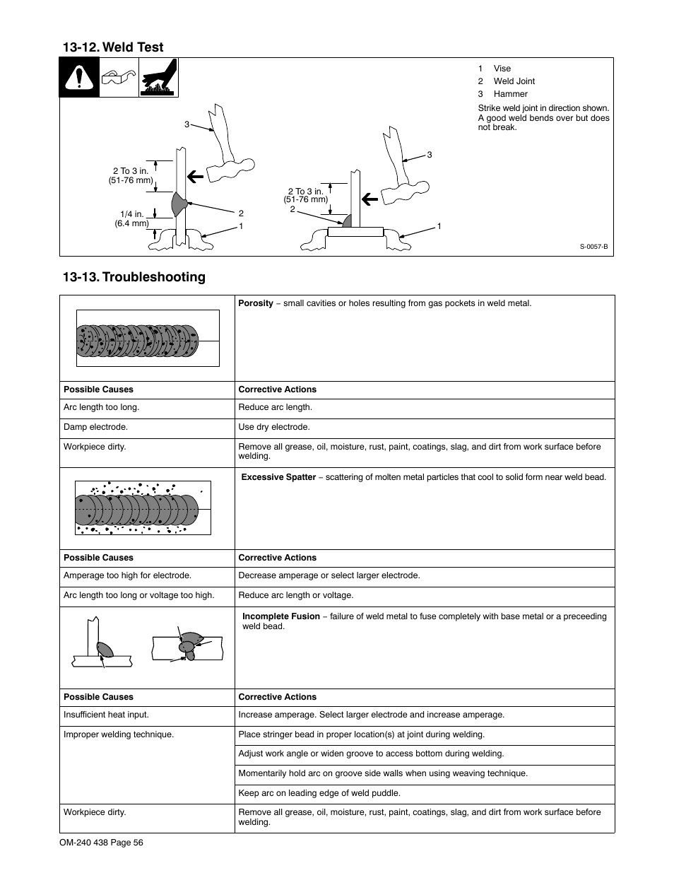 12. weld test, 13. troubleshooting | Hobart Welding Products CHAMPION ELITE OM-240 438E User Manual | Page 60 / 64