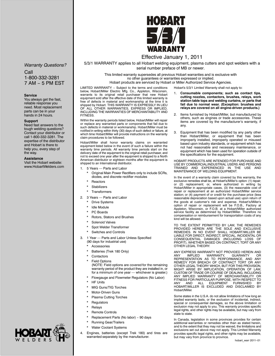 Warranty questions | Hobart Welding Products CHAMPION ELITE OM-240 438E User Manual | Page 63 / 64