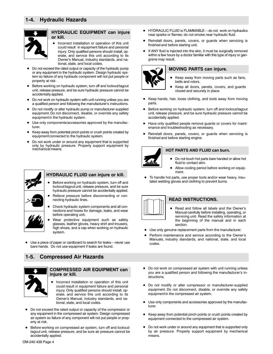 4. hydraulic hazards, 5. compressed air hazards | Hobart Welding Products CHAMPION ELITE OM-240 438E User Manual | Page 8 / 64