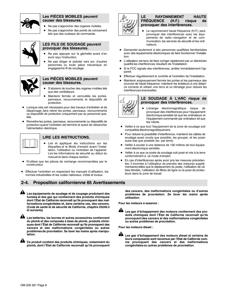 4. proposition californienne 65 avertissements | Hobart Welding Products SPOOL GUN DP 3035-10 User Manual | Page 12 / 32