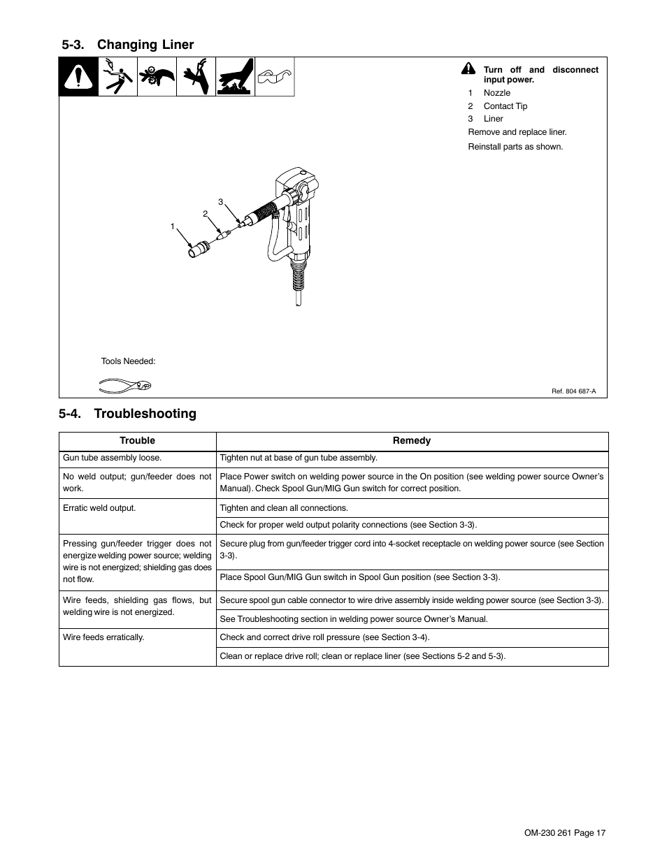 3. changing liner, 4. troubleshooting | Hobart Welding Products SPOOL GUN DP 3035-10 User Manual | Page 21 / 32