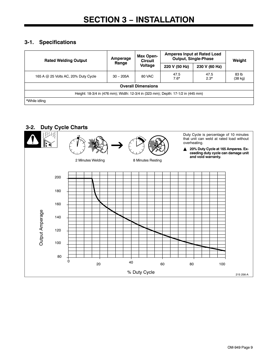 Section 3 − installation, 1. specifications, 2. duty cycle charts | Hobart Welding Products STICKMATE OM-949 User Manual | Page 13 / 36