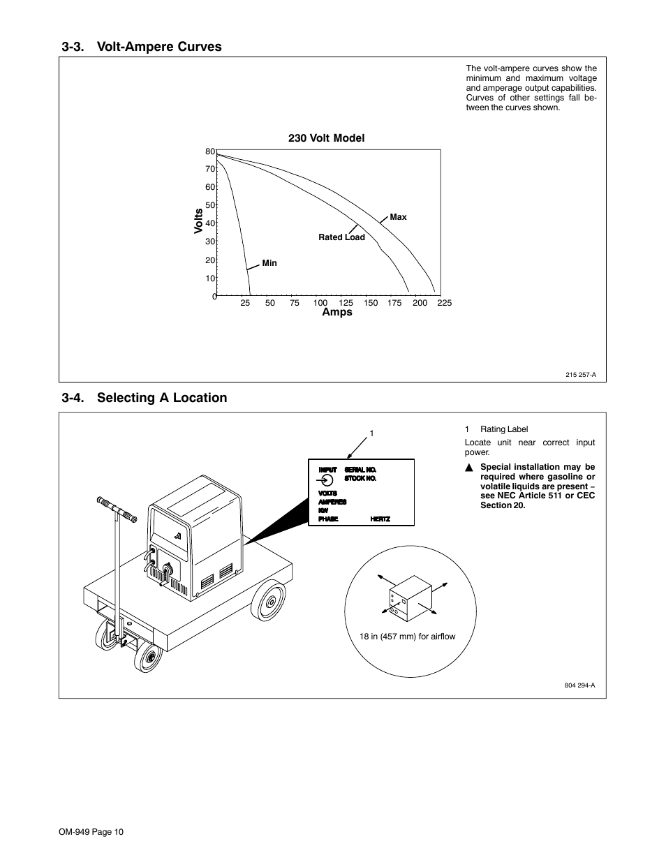 3. volt-ampere curves, 4. selecting a location | Hobart Welding Products STICKMATE OM-949 User Manual | Page 14 / 36