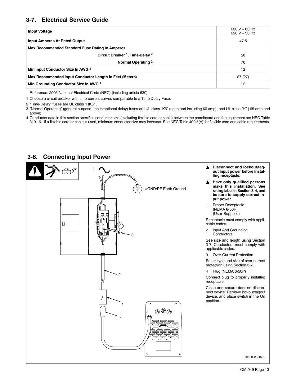 7. electrical service guide, 8. connecting input power | Hobart Welding Products STICKMATE OM-949 User Manual | Page 17 / 36