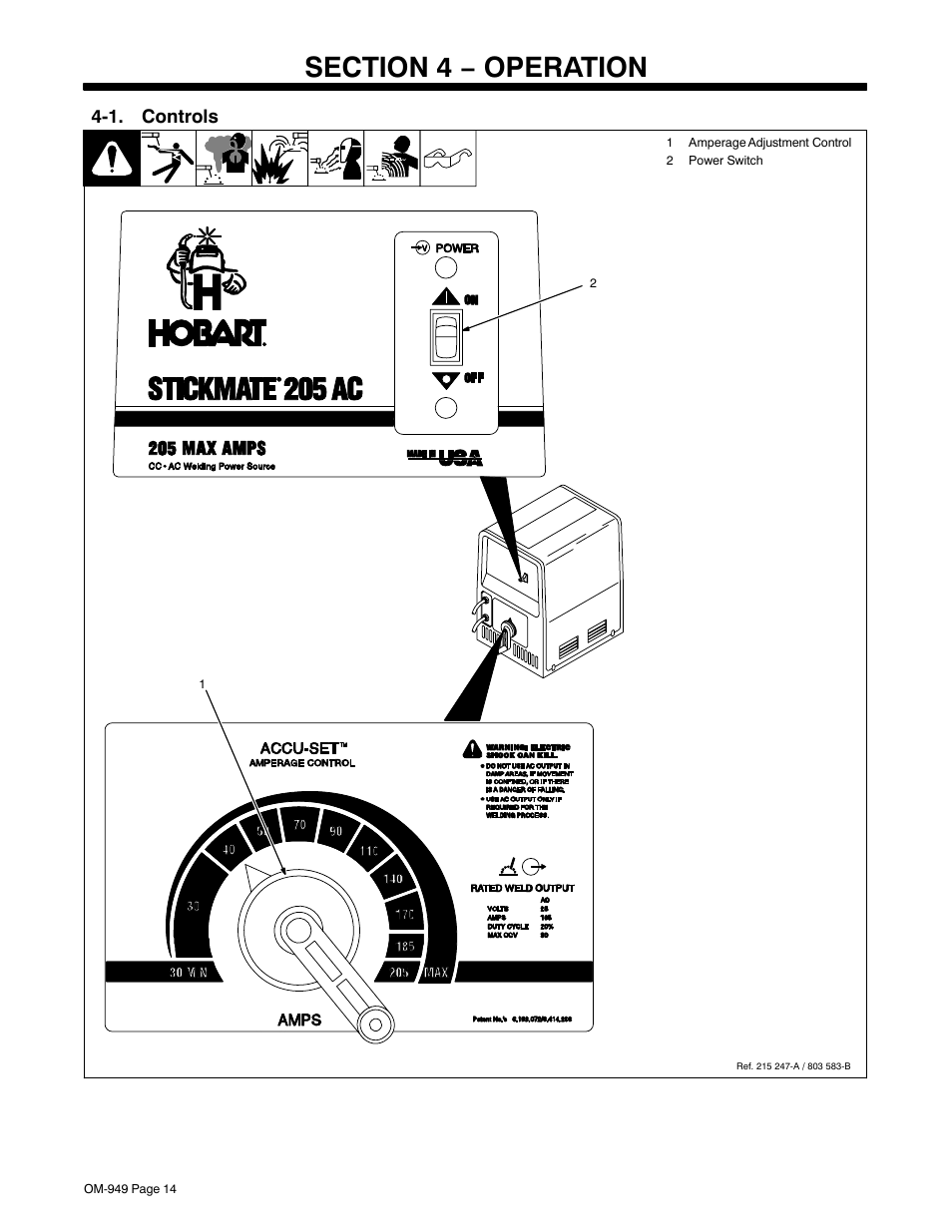 Section 4 − operation, 1. controls | Hobart Welding Products STICKMATE OM-949 User Manual | Page 18 / 36