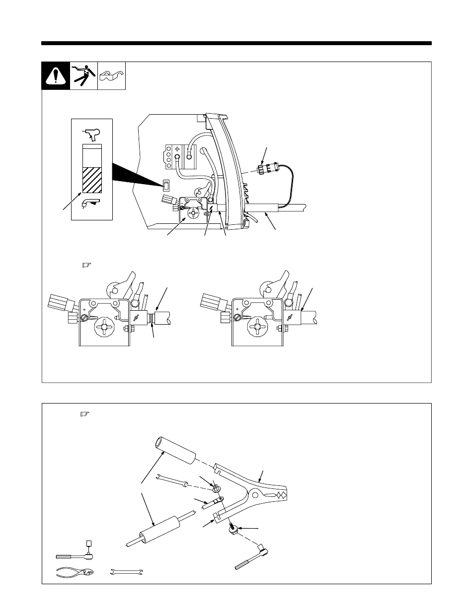 Section 5 − installation, Installing welding gun, Installing work clamp | 1. installing welding gun, 2. installing work clamp | Hobart Welding Products HANDLER 210 OM-227 978B User Manual | Page 15 / 52