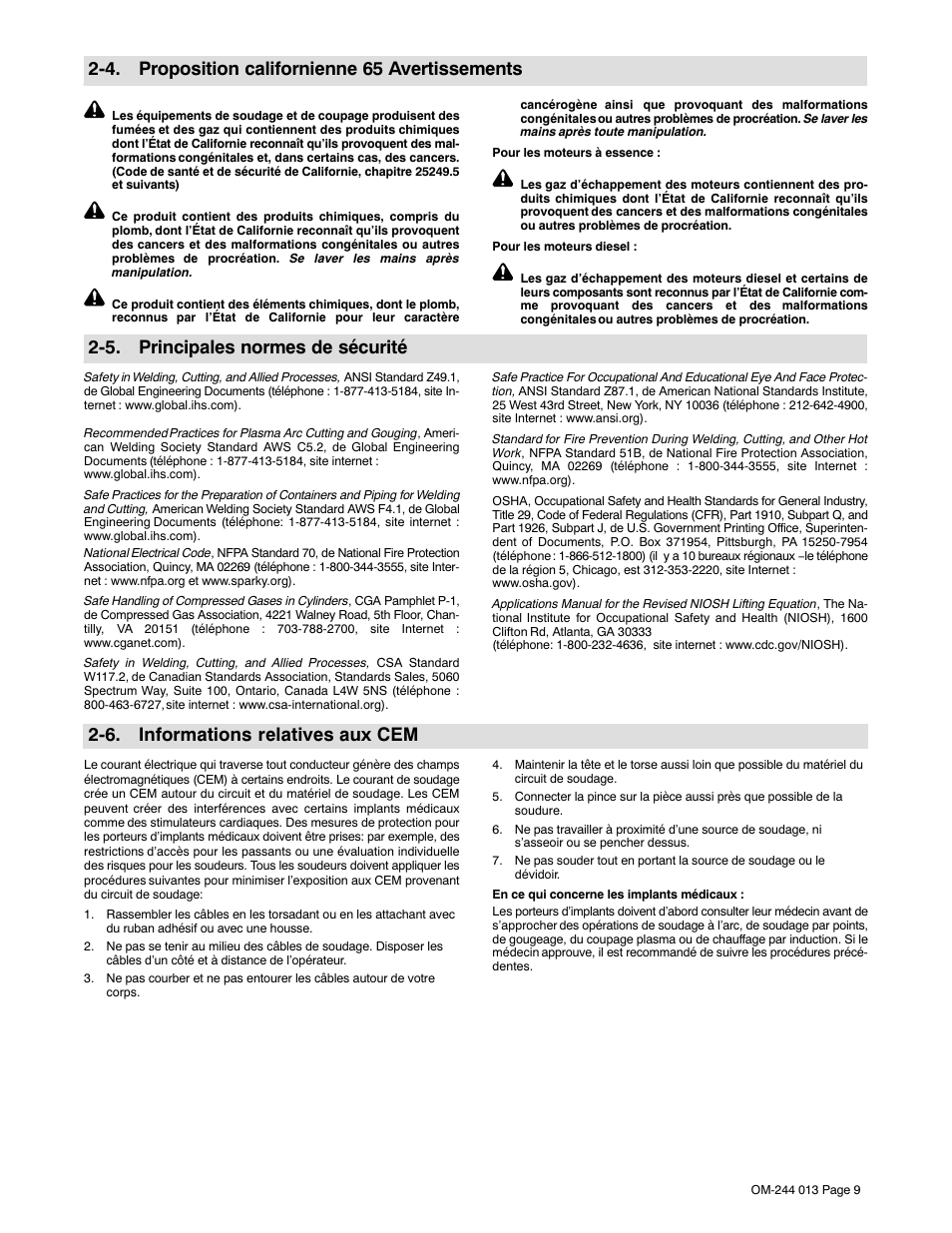 4. proposition californienne 65 avertissements, 5. principales normes de sécurité, 6. informations relatives aux cem | Hobart Welding Products AIRFORCE 700I User Manual | Page 13 / 40