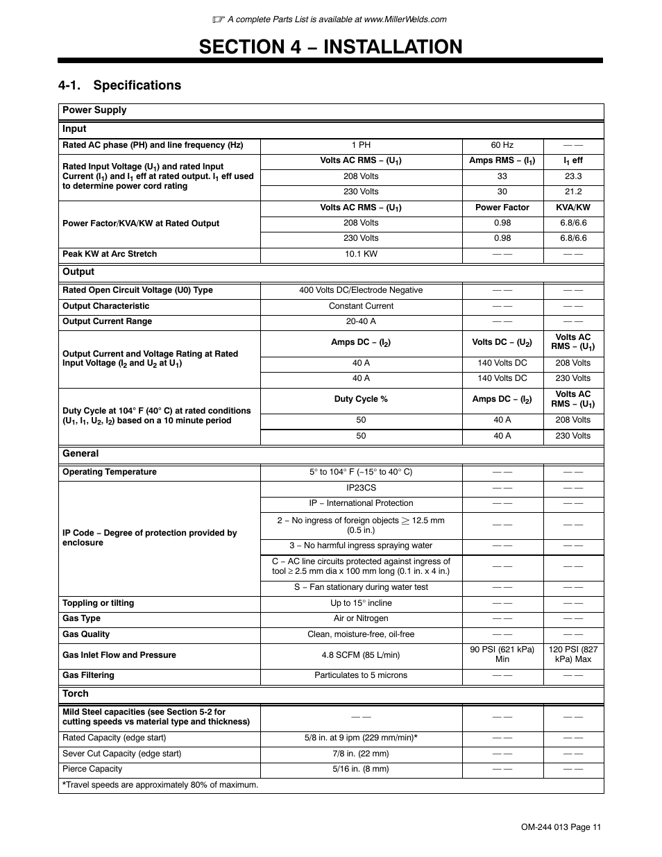 1. specifications | Hobart Welding Products AIRFORCE 700I User Manual | Page 15 / 40