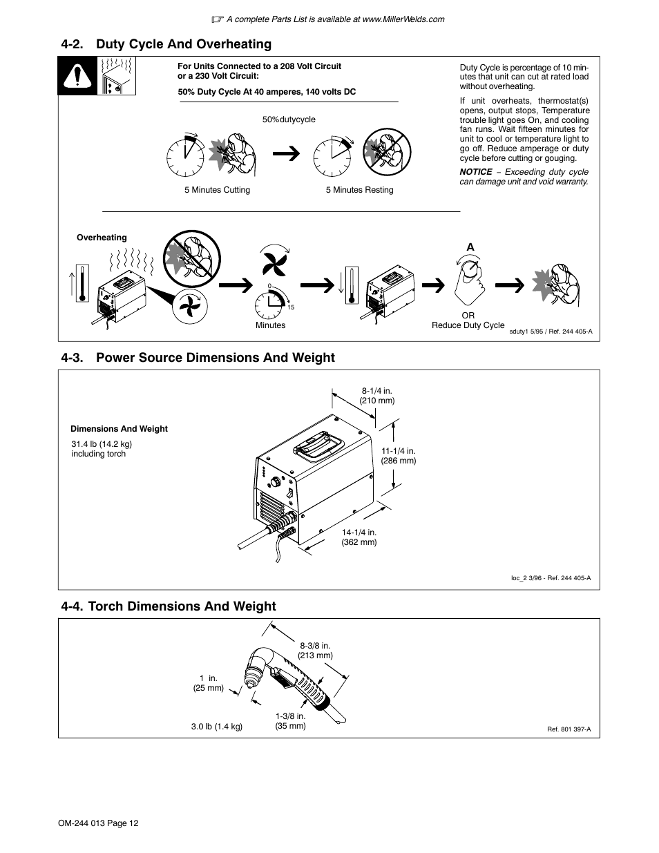 2. duty cycle and overheating, 3. power source dimensions and weight, 4. torch dimensions and weight | Hobart Welding Products AIRFORCE 700I User Manual | Page 16 / 40