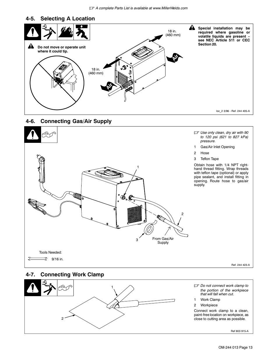 5. selecting a location, 6. connecting gas/air supply, 7. connecting work clamp | Hobart Welding Products AIRFORCE 700I User Manual | Page 17 / 40