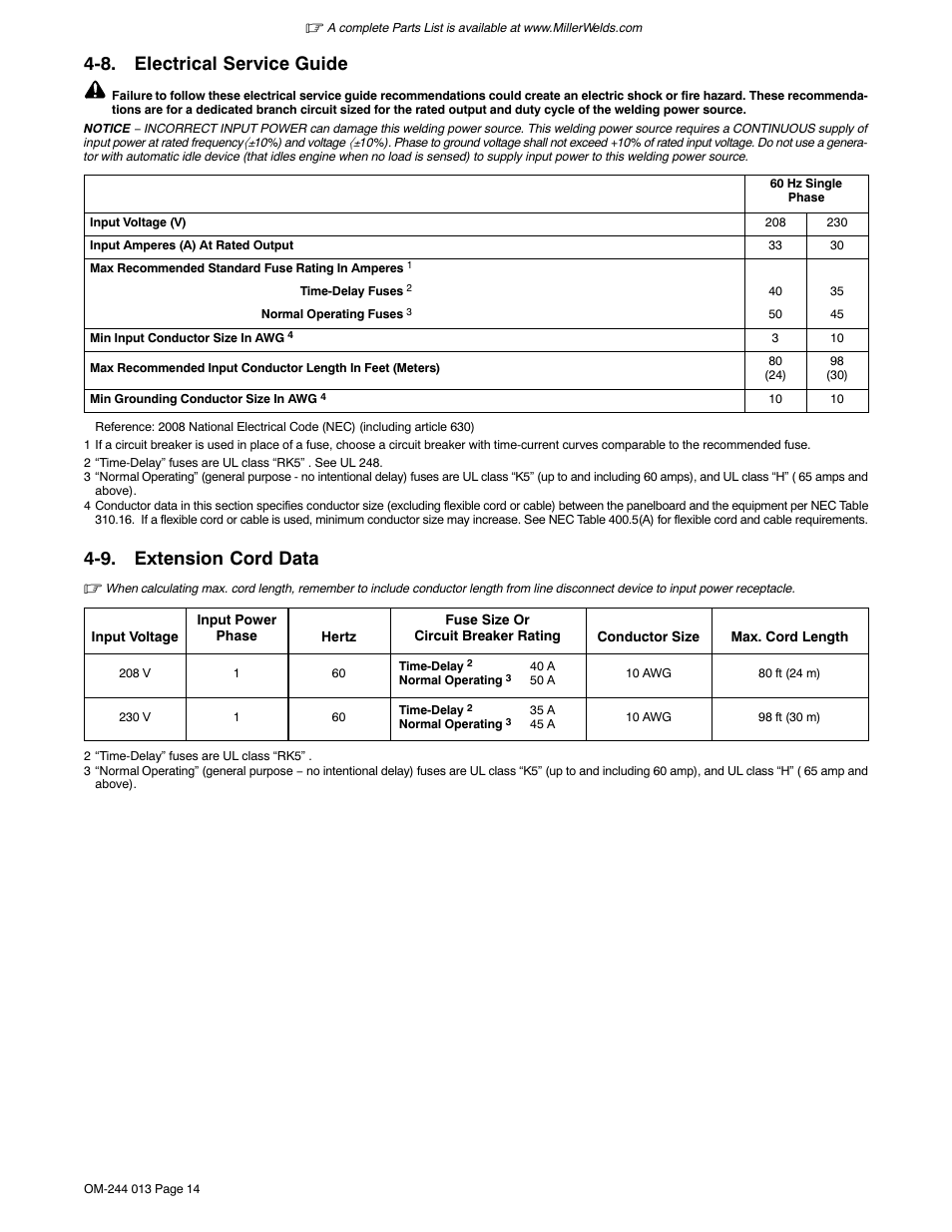 8. electrical service guide, 9. extension cord data | Hobart Welding Products AIRFORCE 700I User Manual | Page 18 / 40