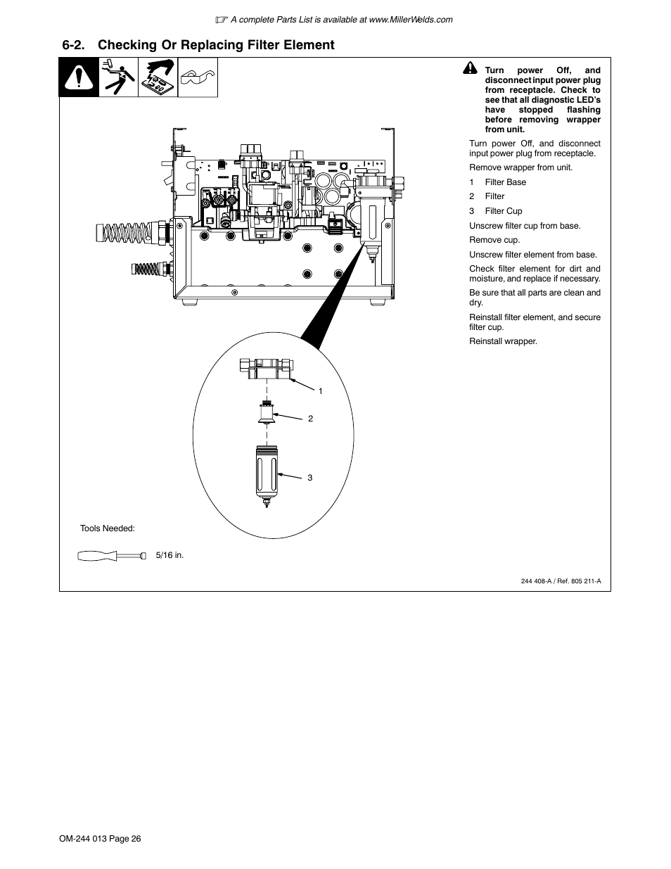 2. checking or replacing filter element | Hobart Welding Products AIRFORCE 700I User Manual | Page 30 / 40