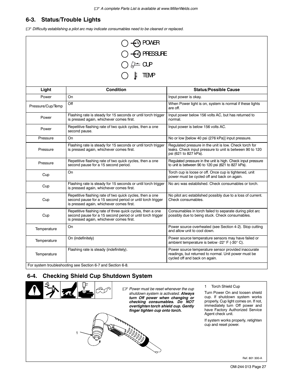 3. status/trouble lights, 4. checking shield cup shutdown system | Hobart Welding Products AIRFORCE 700I User Manual | Page 31 / 40