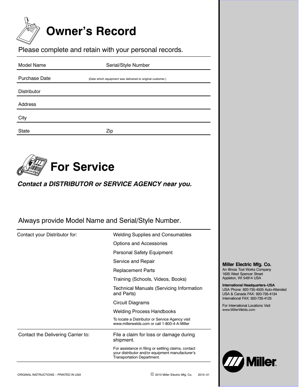 For service owner’s record, Contact a distributor or service agency near you | Hobart Welding Products AIRFORCE 700I User Manual | Page 40 / 40