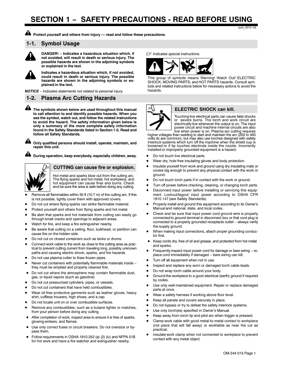 1. symbol usage, 2. plasma arc cutting hazards | Hobart Welding Products AIRFORCE 700I User Manual | Page 5 / 40