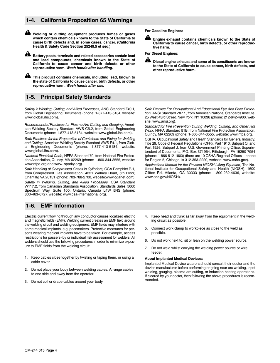 4. california proposition 65 warnings, 5. principal safety standards, 6. emf information | Hobart Welding Products AIRFORCE 700I User Manual | Page 8 / 40