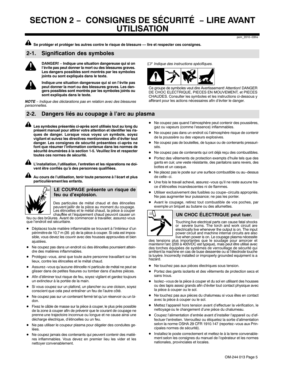 1. signification des symboles, 2. dangers liés au coupage à l’arc au plasma | Hobart Welding Products AIRFORCE 700I User Manual | Page 9 / 40