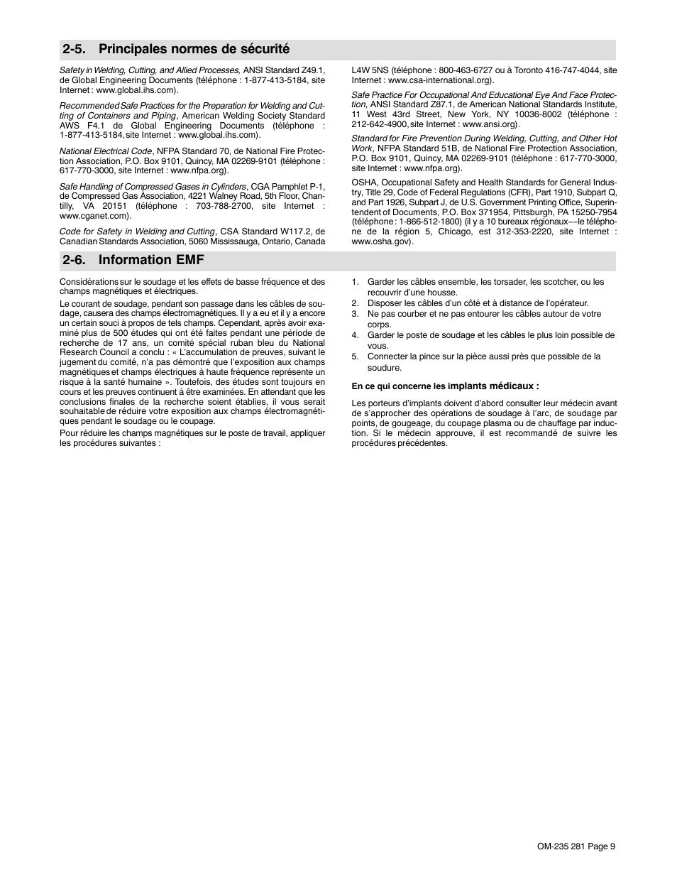 5. principales normes de sécurité, 6. information emf | Hobart Welding Products IRONMAN 230 User Manual | Page 13 / 56