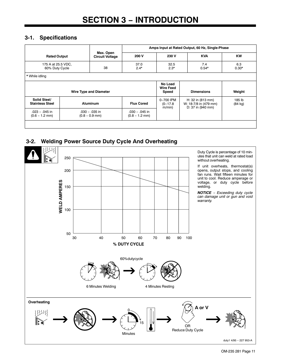 Section 3 − introduction, 1. specifications, 2. welding power source duty cycle and overheating | Hobart Welding Products IRONMAN 230 User Manual | Page 15 / 56