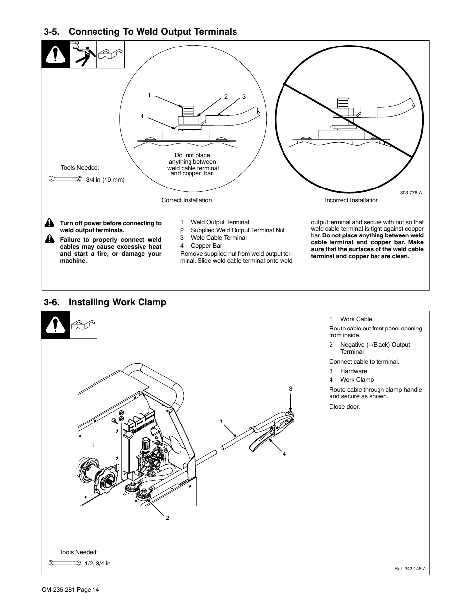 5. connecting to weld output terminals, 6. installing work clamp | Hobart Welding Products IRONMAN 230 User Manual | Page 18 / 56