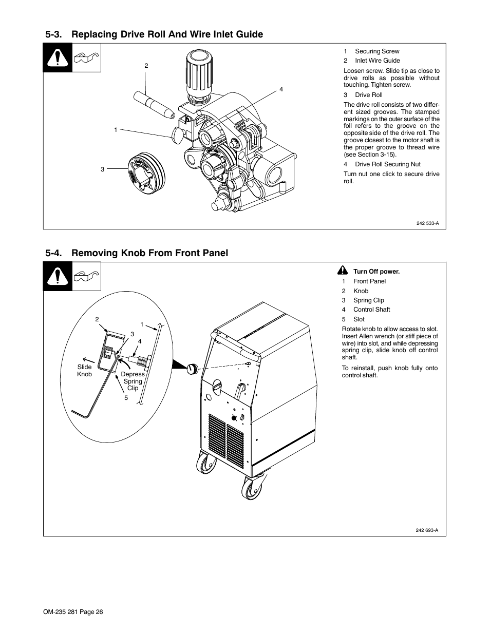 3. replacing drive roll and wire inlet guide, 4. removing knob from front panel | Hobart Welding Products IRONMAN 230 User Manual | Page 30 / 56