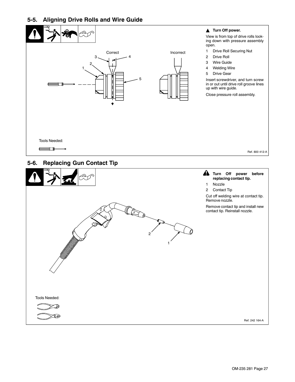 5. aligning drive rolls and wire guide, 6. replacing gun contact tip | Hobart Welding Products IRONMAN 230 User Manual | Page 31 / 56