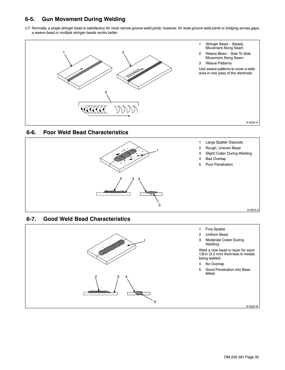 5. gun movement during welding, 6. poor weld bead characteristics, 7. good weld bead characteristics | Hobart Welding Products IRONMAN 230 User Manual | Page 39 / 56