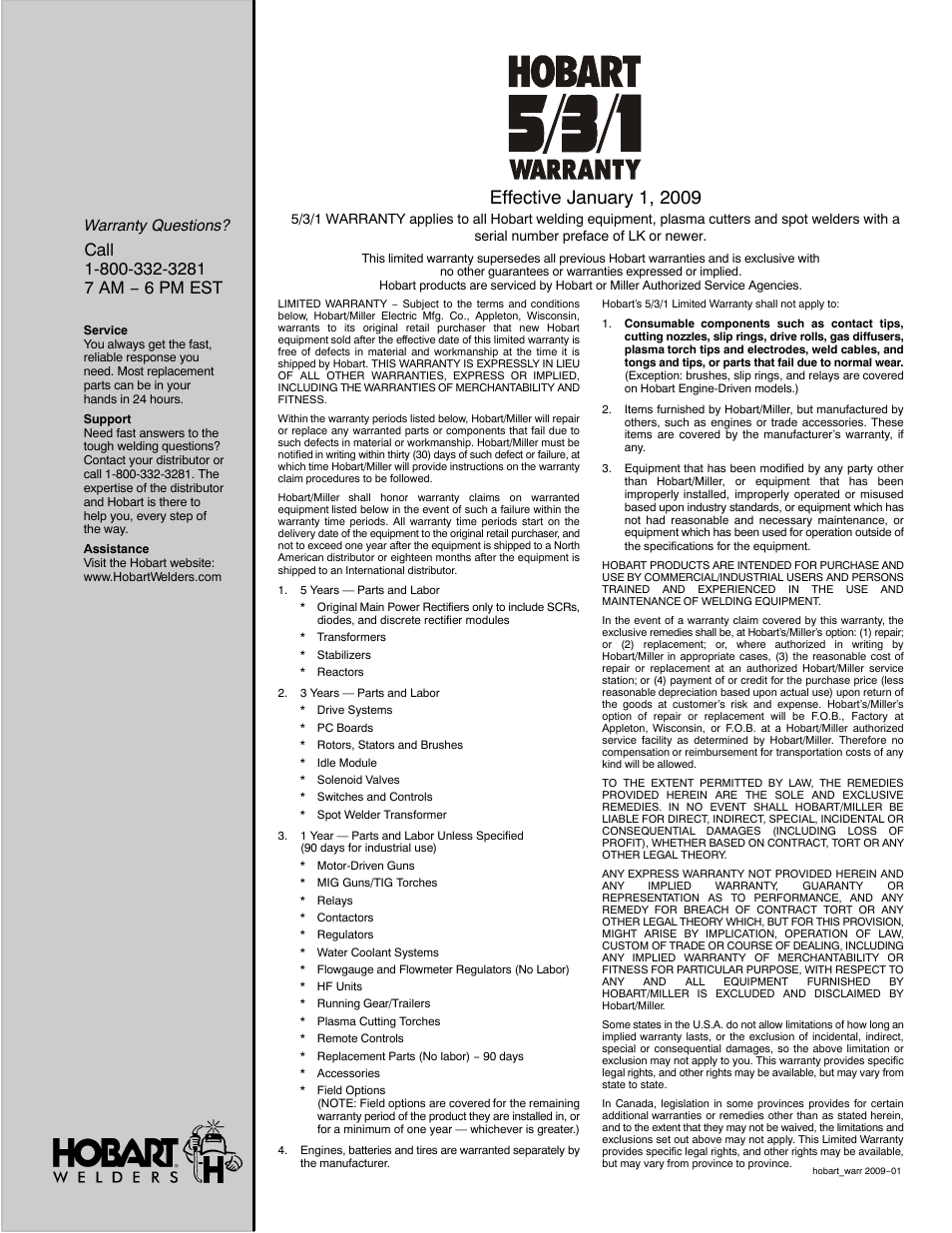 Warranty questions | Hobart Welding Products IRONMAN 230 User Manual | Page 55 / 56